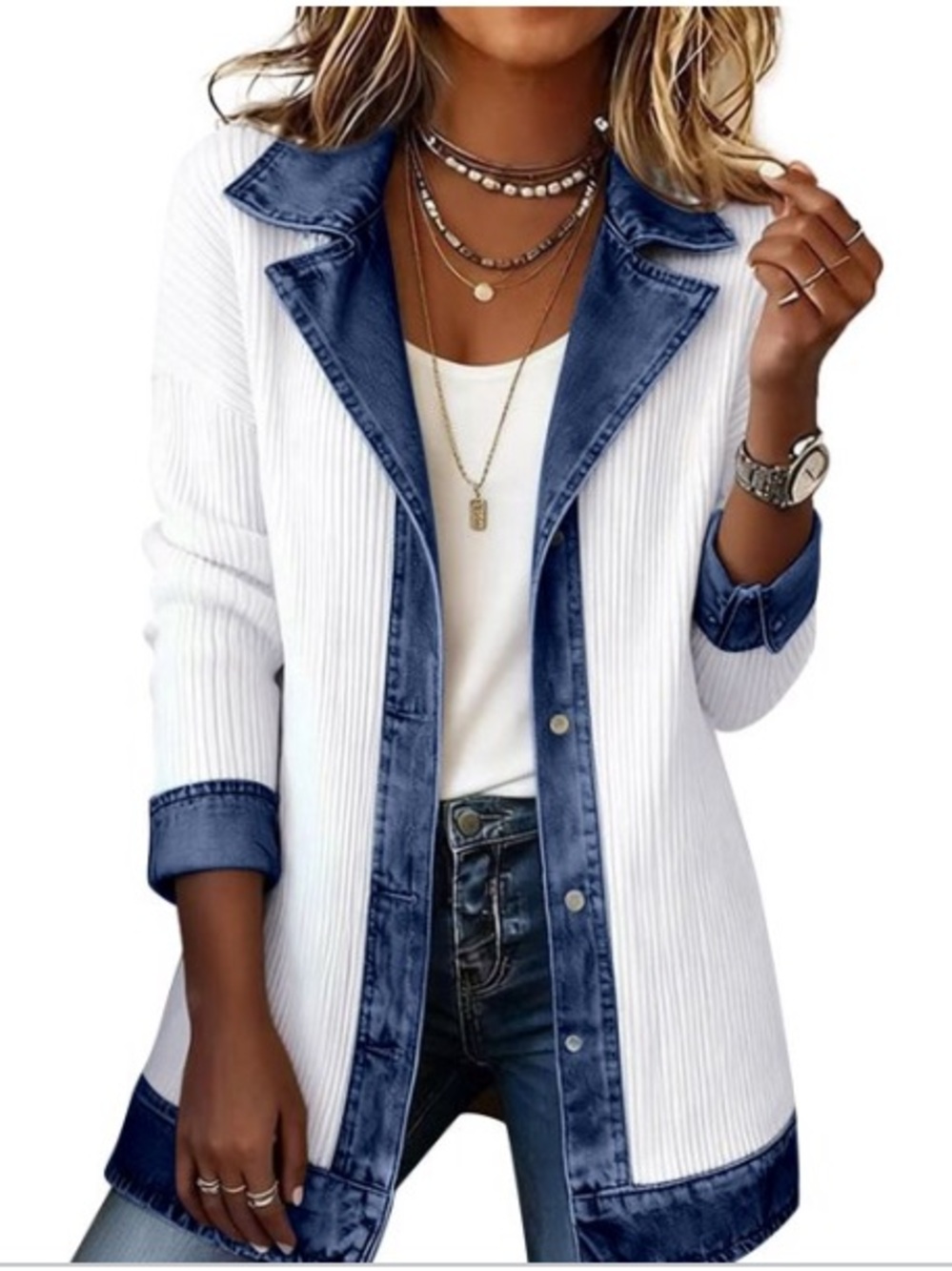 White ribbed knit jacket featuring a contrasting denim trim.